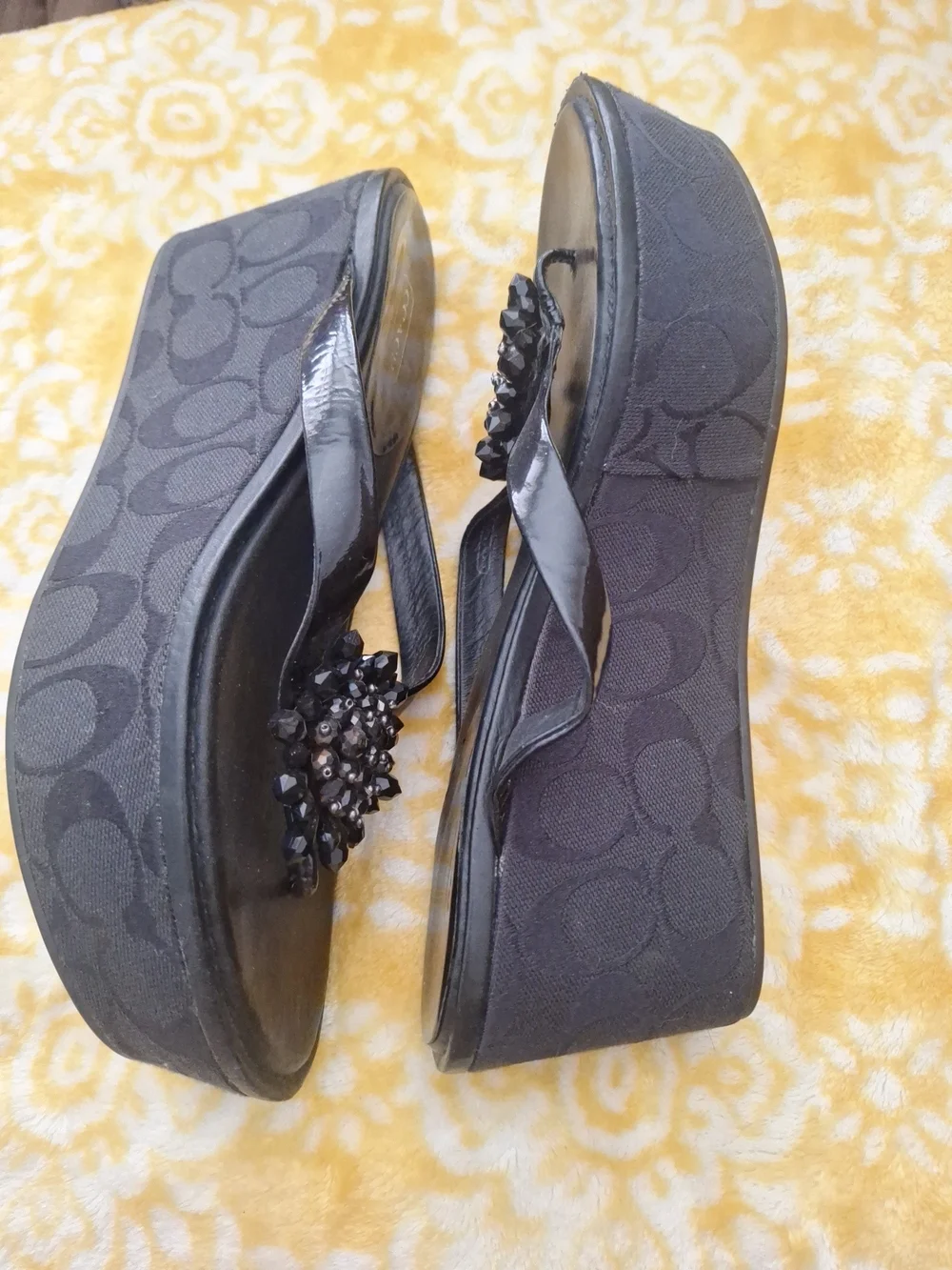 Coach Black Thong Sandals with Gold & Clear Crystal Flower